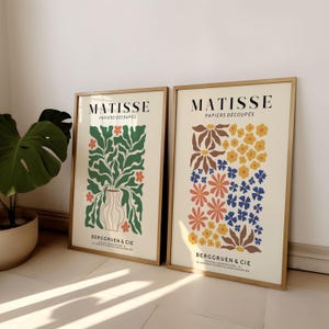 Set of 2 Matisse Floral Wall Art Prints | Green Boho Floral Wall Art Posters for Bedroom & Living Room | Mid-Century Modern Exhibition Décor