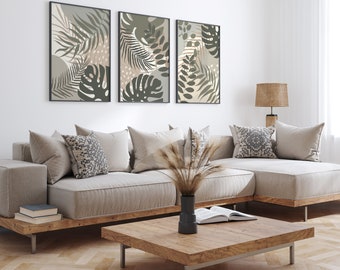 Botanical Wall Art Set of 3, Neutral Tropical Leaf Prints, Minimal Abstract Plant Posters, Beige Boho Decor, Modern Nature Wall Artwork