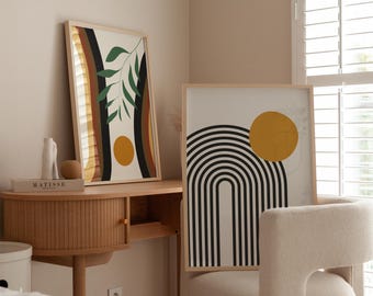 Juego de 2 impresiones de arte mural abstracto, pósteres geométricos modernos de sol y línea