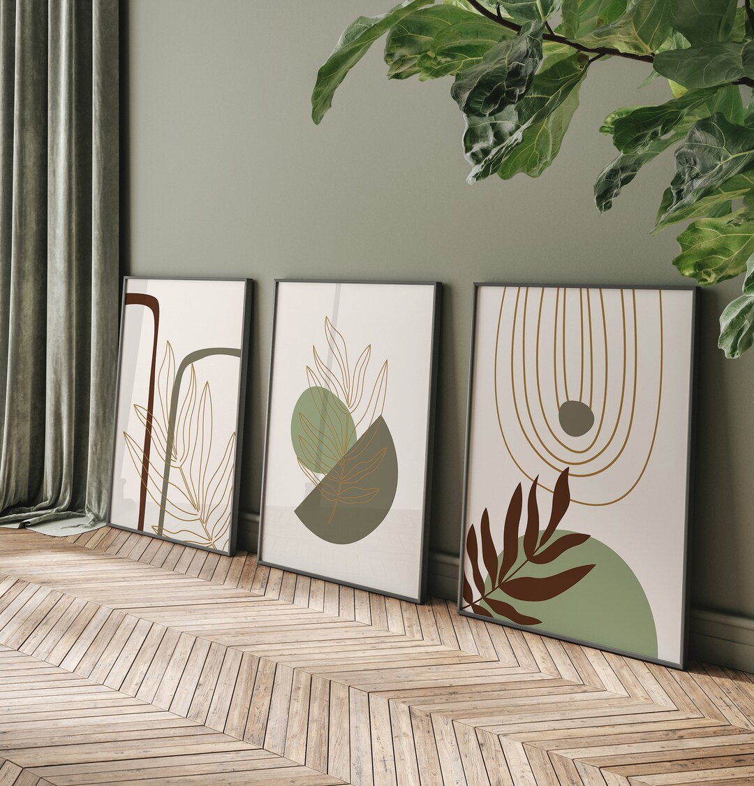 Abstract Botanical Wall Art Set of 3, Neutral Green Line Art Prints ...