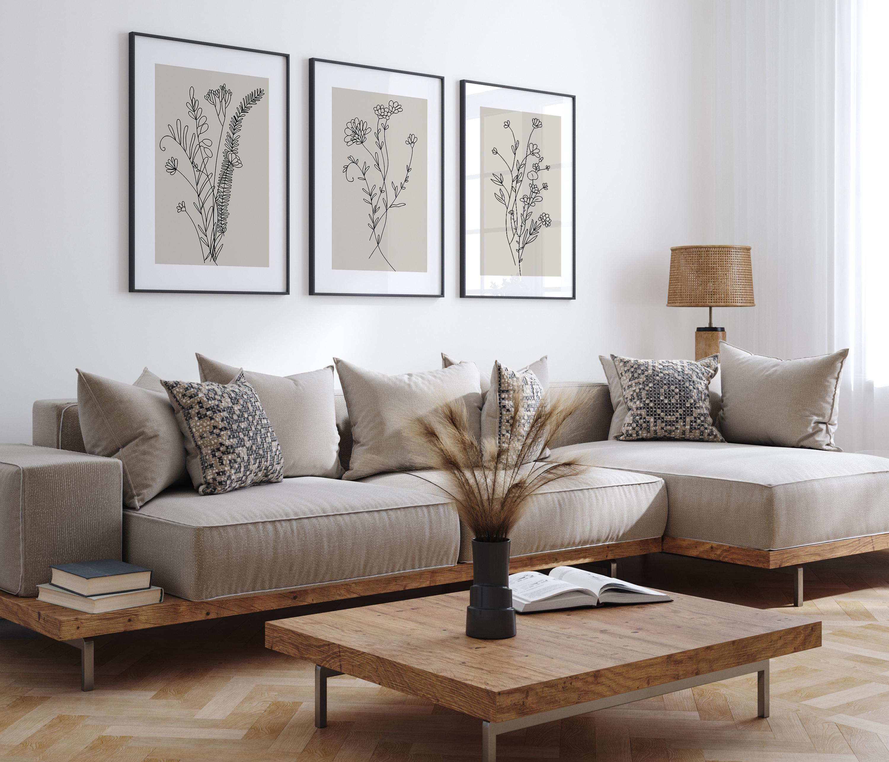 Minimal Botanical Line Art Print Set of 3, Modern Black Floral Wall Art ...