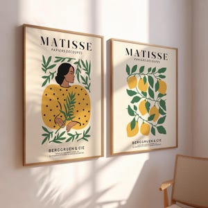 Set of 2 Matisse Floral Wall Art Prints | Green Boho Floral Wall Art Posters for Bedroom & Living Room | Mid-Century Modern Exhibition Décor