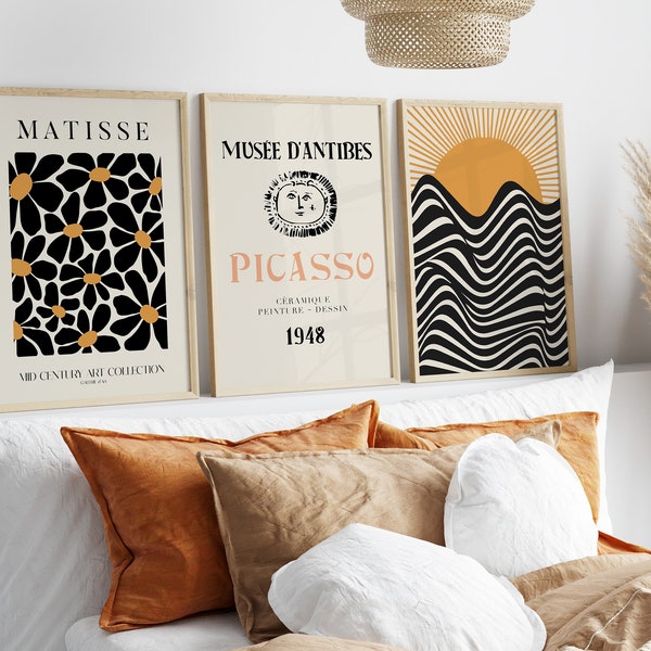 Mid Century Wall Art Set of 3, Matisse Picasso Prints, Abstract Museum Poster Set, Neutral Minimal Decor, Modern Boho Gallery Wall