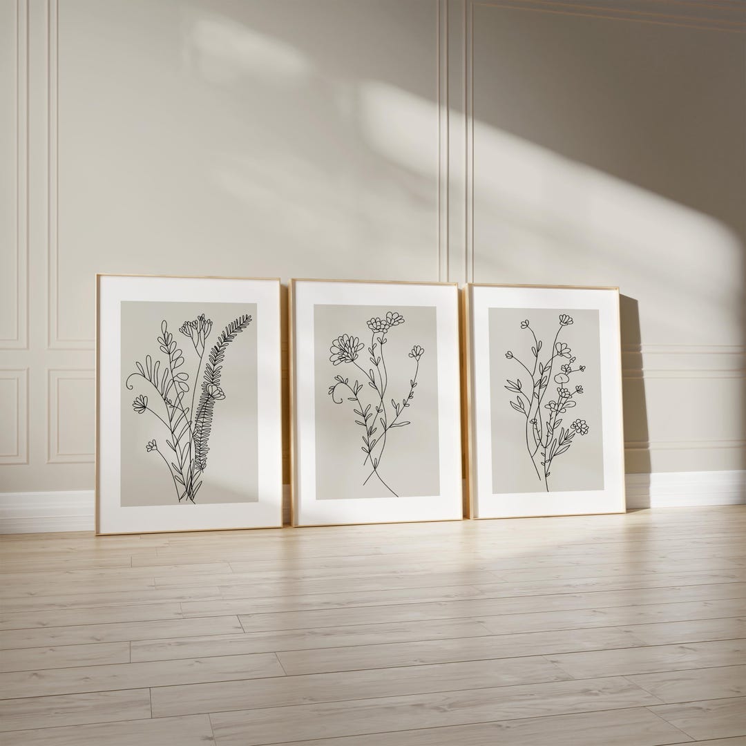 Minimal Botanical Line Art Print Set of 3, Modern Black Floral Wall Art ...