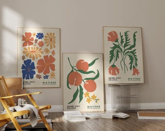 Śródziemnomorskie dekoracje ścienne z owocami i kwiatami, ciepłe botaniczne nadruki w stylu Matisse'a