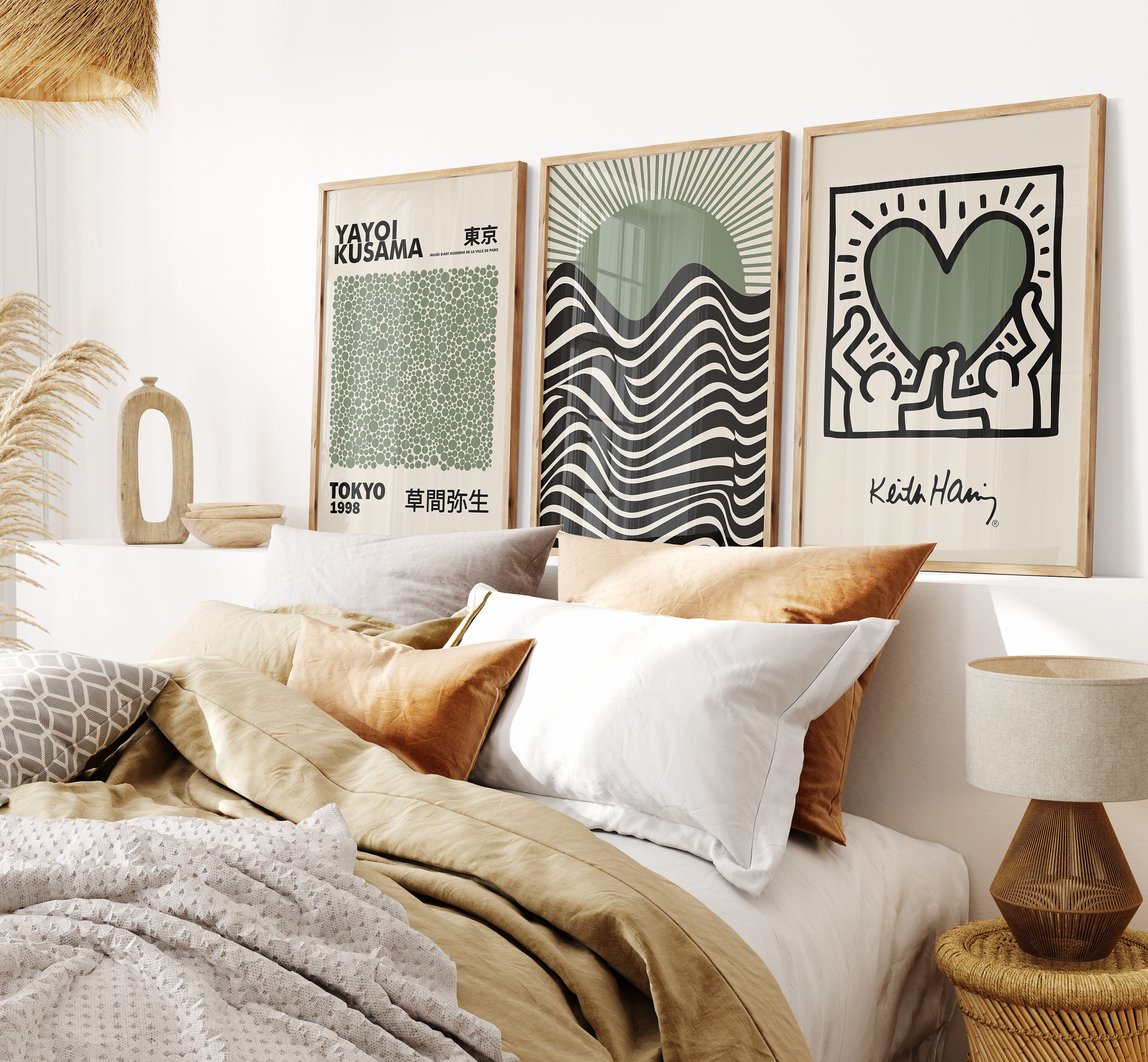 Set of 3 Sage Green Kusama, Keith Haring and Bauhaus Prints, Green Wall Art Poster Prints, Beige Wall Art Prints, Famous Artists Prints