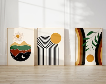 Abstract Boho Wall Art Set of 3, Mid Century Modern Prints, Retro Sun Moon Landscape Poster, Minimal Line Art Decor, Earth Tone Wall Set