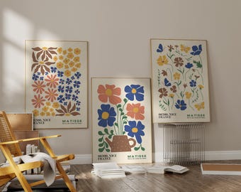 Floral Pattern Wall Art Set of 3, Matisse Inspired Botanical Prints, Playful Mid Century Posters