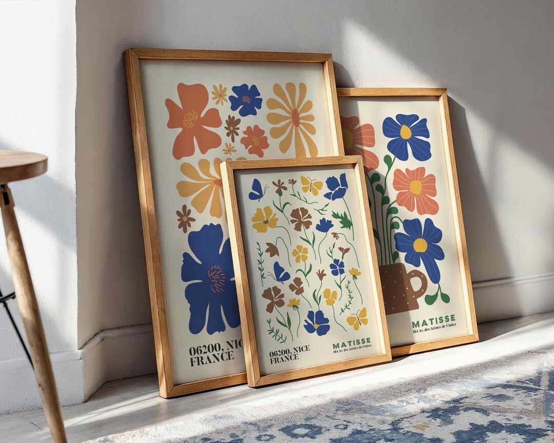 Blue Floral Wall Art Set of 3, Matisse Inspired Abstract Flower Prints ...