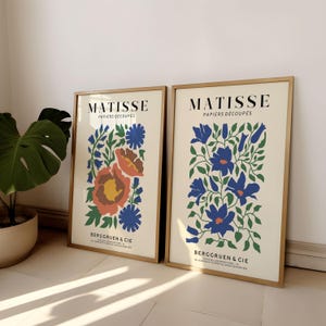 Set of 2 Matisse Floral Wall Art Prints | Blue Boho Floral Wall Art Posters for Bedroom & Living Room | Mid-Century Modern Exhibition Décor