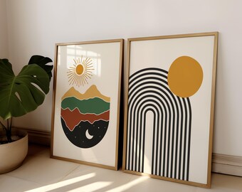 Juego de 2 impresiones de arte mural abstracto, pósteres geométricos modernos de sol y línea