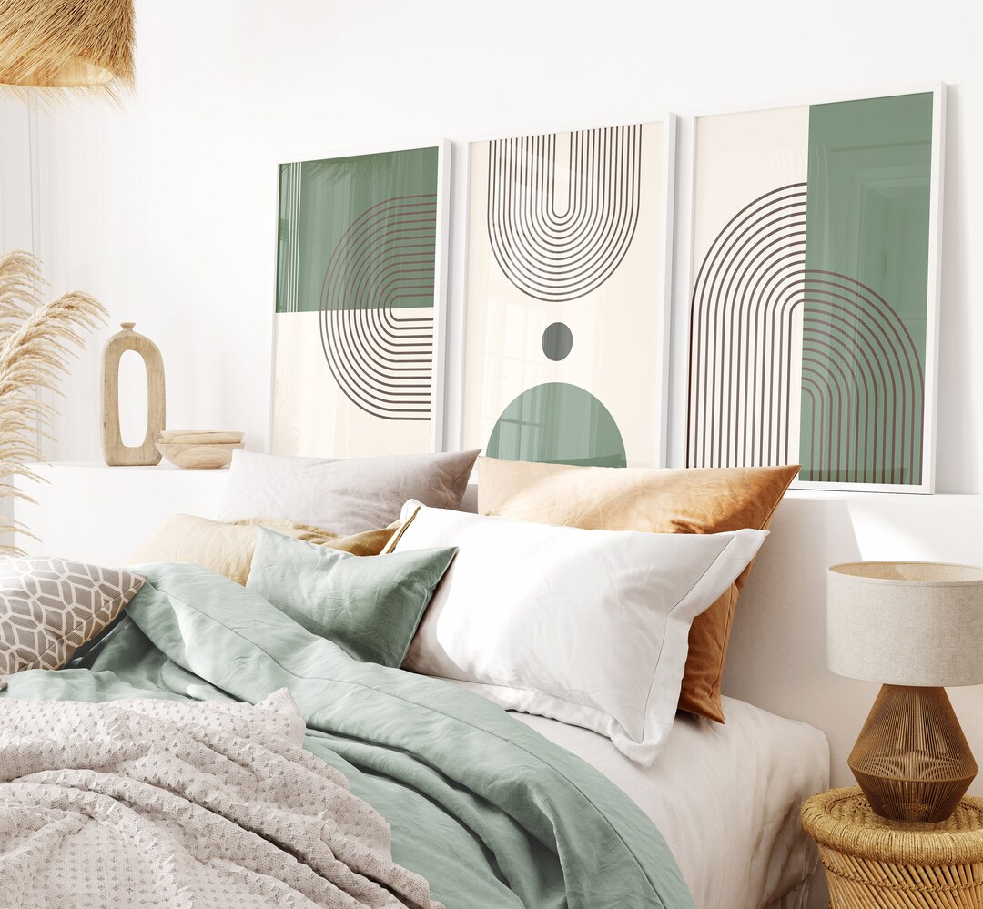 Set of 3 Mid Century Modern Boho Art Prints, Wall Art Decor, Beige Sage