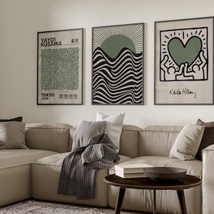 Set of 3 Sage Green Kusama, Keith Haring and Bauhaus Prints, Green Wall Art Poster Prints, Beige Wall Art Prints, Famous Artists Prints