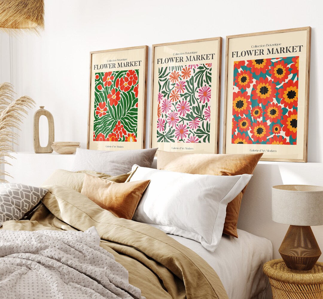 Set of 3 Flower Market Prints, Boho Flower Art, Bedroom Wall Décor