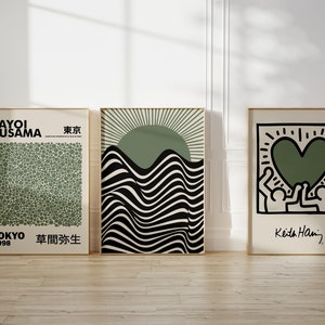 Set of 3 Sage Green Kusama, Keith Haring and Bauhaus Prints, Green Wall Art Poster Prints, Beige Wall Art Prints, Famous Artists Prints