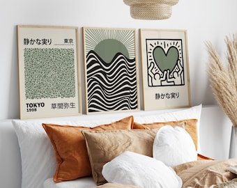 Set of 3 Sage Green Japanese and Bauhaus Prints, Green Wall Art Poster Prints, Beige Wall Art Prints, Famous Artists Prints