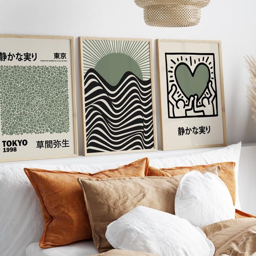 Set of 3 Sage Green Japanese and Bauhaus Prints, Green Wall Art Poster Prints, Beige Wall Art Prints, Famous Artists Prints