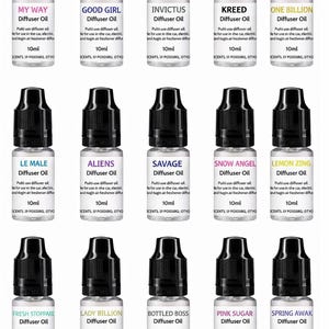 May include: Fifteen small glass bottles with black caps, each labelled with a different fragrance name, such as "My Way" and "Good Girl." The bottles contain diffuser oil, and the labels state the volume, 10ml.