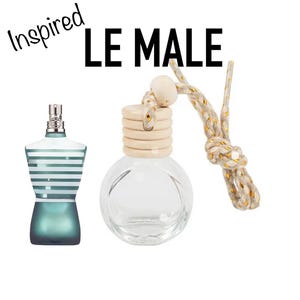 May include: Image of a perfume bottle and a car air freshener. The perfume bottle is teal and white with horizontal stripes. The air freshener is a clear glass orb with a wooden top and a gold and white rope.
