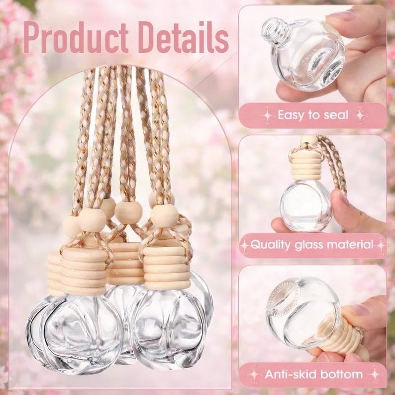 K&ouml;nnte beinhalten: Klare Auto-Lufterfrischerflaschen aus Glas mit Holzaufs&auml;tzen und geflochtenen Kordeln. Die Flaschen sind rund mit einer strukturierten Oberfl&auml;che. Das Bild zeigt auch Details wie "Leicht zu verschlie&szlig;en".