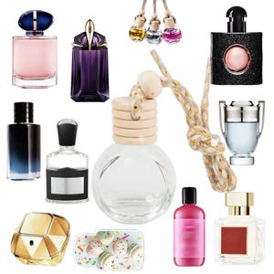 May include: An assortment of perfume bottles and car air fresheners. The bottles are in various shapes and colours, including pink, black, and gold. The air fresheners are small glass bottles with wooden tops and hanging cords. A tray of macarons is also included.
