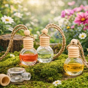 May include: Three small glass bottles with wooden tops and cords, filled with coloured liquids. One bottle contains a red liquid, another is clear, and the third has a yellow liquid. The bottles sit on green moss, with flowers in the background.