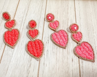 Orecchini pendenti a forma di cuore con perline, San Valentino, gioielli vistosi, orecchini a forma di cuore rosso