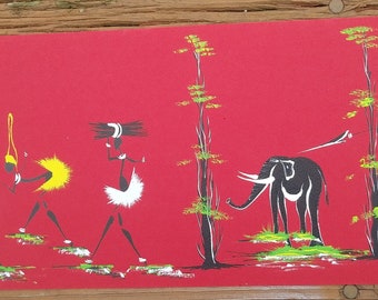 Arte vintage africano original, abstracto, folclórico y en tinta extra ancho, 49 cm de ancho x 16 cm de alto. Sin marco.