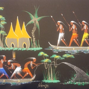Vintage African Original Folk Art 12.5&quot; wide by 9.5&quot; high  (32,5cm x 25cm) Fishing Art, Boutique Art,  Man Cave. Please Read Description.