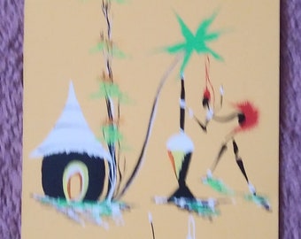 Arte vintage africano, abstracto, folclórico y en tinta extra alto de 16,5 cm de ancho por 49,5 cm de alto (fondo amarillo, no tostado), sin marco.