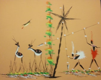 Vintage African Folk Ink Art, 12.5" wide by 9.5" high. not framed