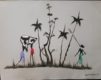 African Original Folk Ink Art. 12 1/2" wide by 9 1/2" high. Not Framed.