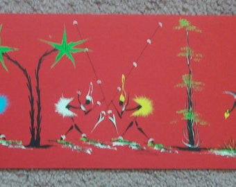 Arte abstracto africano vintage extra ancho, tinta popular, 49,5 cm de ancho por 16,5 cm de alto. Sin marco.