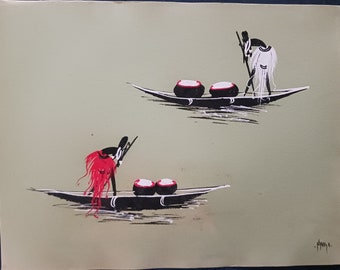 African Original Folk Ink Art 12 1/2" wide by 9 1/2" high. not framed