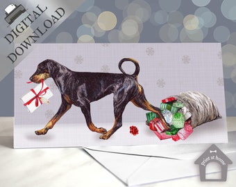 Dobermann Pinscher - Gift Thief Christmas greeting card - Dog Stealing Present - Design digitale per scaricare e stampare istantaneamente a casa