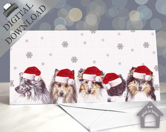 Shetland Sheepdog - Christmas greeting card - Five Coloured Shelties in Santa Hats - Digital design to instantly download & print at home