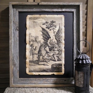Knight kicking dragon Renaissance Medieval Aged Document Frame not included
