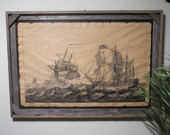 Tall Ships Etch Print Aged Document Frame not included