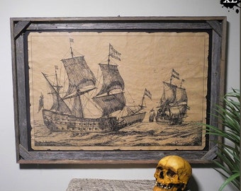 Two Tall Ships Etch Print Aged Document Frame not included