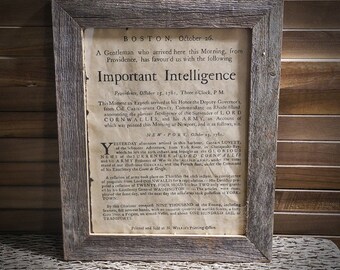 Important Intelligence Cornwallis Surrender Colonial America Aged Document Frame not included AR20