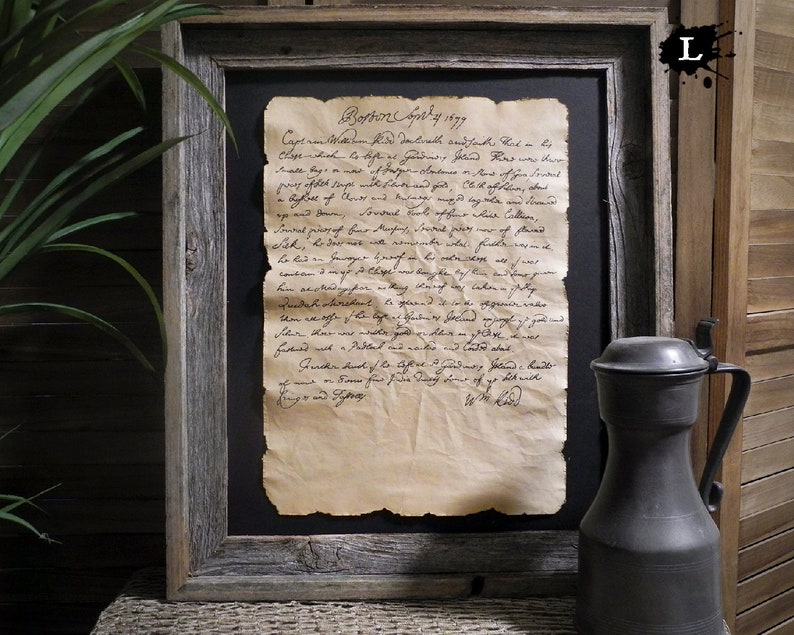 Carta del capitán Kidd sobre su tesoro enterrado en la isla Gardiner Documento envejecido sobre piratería Marco no incluido Large