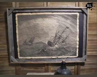 Tall Ships in Storm Etch Print Aged Document Frame not included