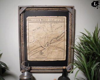 Larger Ocracoke inlet map Blackbeards hideout Edward Teach, Edward Thatch Pirates Aged Document Frame not included