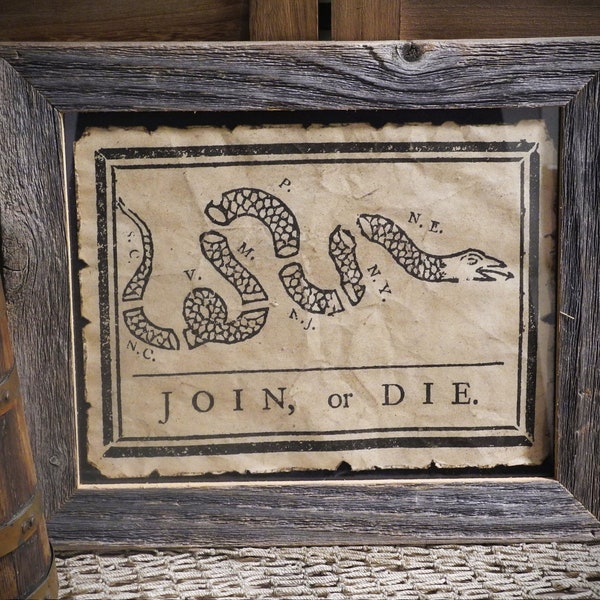 Join or Die Colonial America Aged Document Frame not included