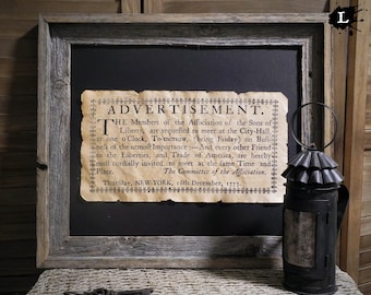 Advertisement to the Sons of Liberty Colonial America Aged Document Frame not included