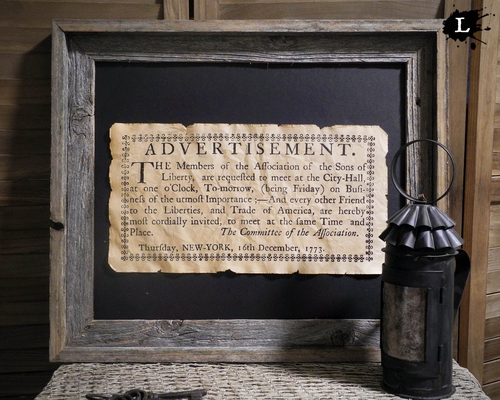 Advertisement to the Sons of Liberty Colonial America Aged Document Frame not included AR12