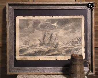 Ship in Storm Etch Print Aged Document Frame not included