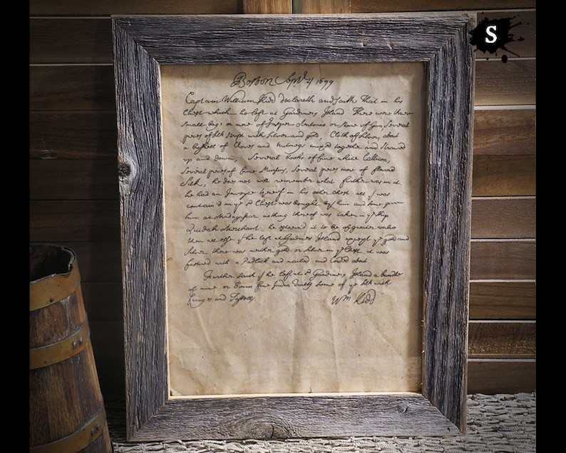 Carta del capitán Kidd sobre su tesoro enterrado en la isla Gardiner Documento envejecido sobre piratería Marco no incluido Small