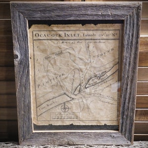 Smaller Ocracoke inlet map Blackbeards hideout Edward Teach, Edward Thatch Pirates Aged Document Frame not included