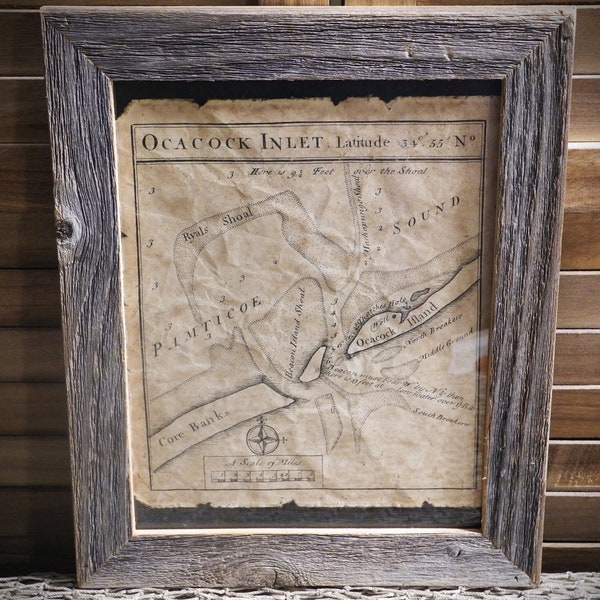 Smaller Ocracoke inlet map Blackbeards hideout Edward Teach, Edward Thatch Pirates Aged Document Frame not included